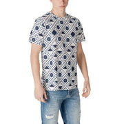 White patterned short sleeve t shirt for men featuring a geometric navy blue triangle diamond and star design