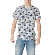 White patterned short sleeve T-shirt for men displayed in the product image