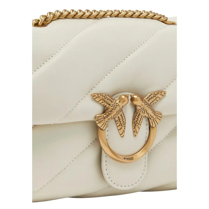 White Pinko handbag in quilted leather with gold-tone hook button closure featuring two kissing birds clasp