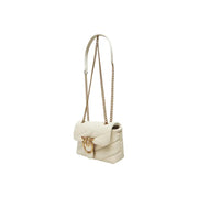 Cream-colored quilted White Pinko handbag with gold-tone bird clasp and chain strap featuring hook button closure