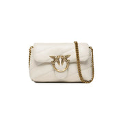 Cream-colored quilted leather white Pinko handbag with gold-tone chain strap and bird-shaped hook button closure