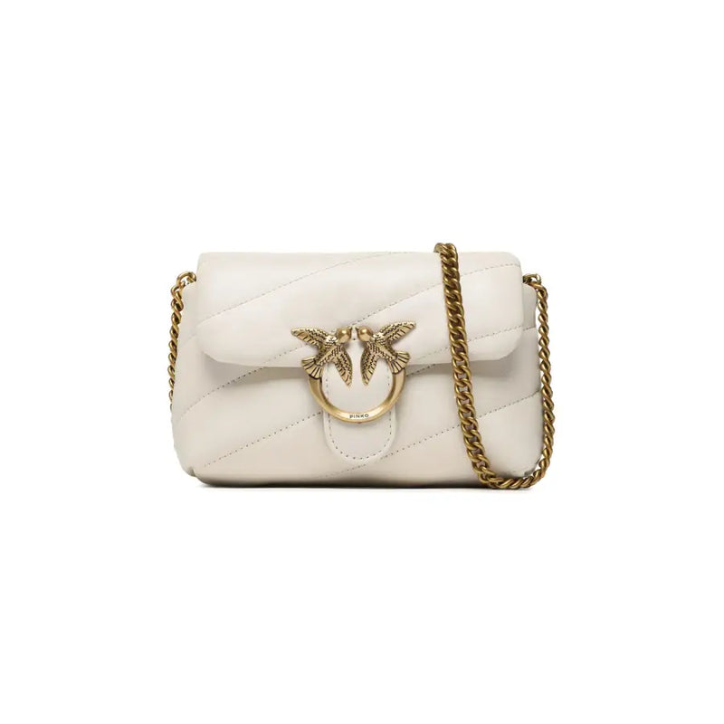 Cream-colored quilted leather white Pinko handbag with gold-tone chain strap and bird-shaped hook button closure