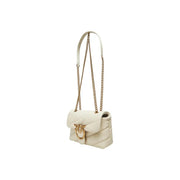 Cream-colored quilted White Pinko handbag with gold-tone bird clasp and chain strap featuring hook button closure