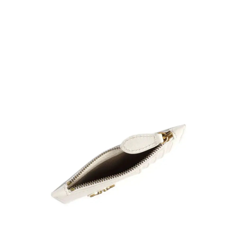 White Pinko women’s wallet in sleek white leather with gold-tone zipper pull and interior pockets designed for cards
