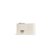 Cream-colored leather white Pinko women’s wallet with gold-tone bird clasp and vertical stitched card slots