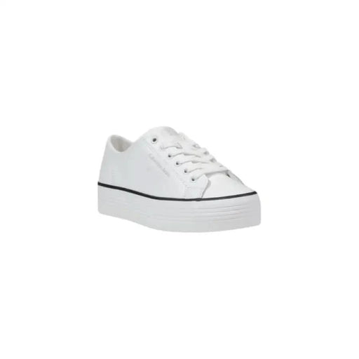 Calvin Klein Jeans Women’s White Leather Sneakers with a stylish platform design