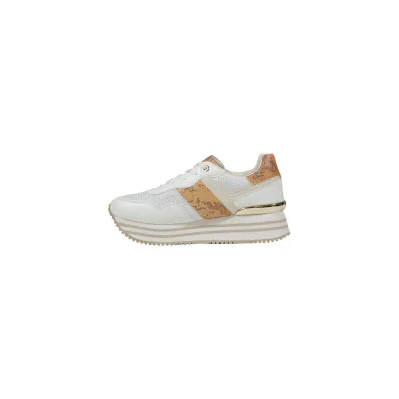 White platform sneaker with map print accents from the White and Gold Platform Sneaker collection