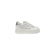 White platform sneaker with silver metallic accents and a chunky sole for stylish casual wear