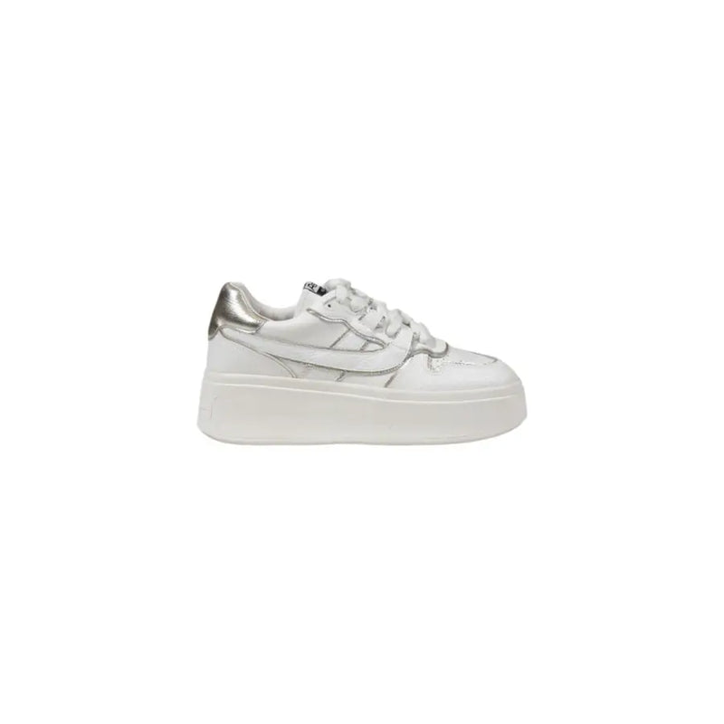 White platform sneaker with silver metallic accents and a chunky sole for stylish casual wear