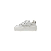 White platform sneaker with silver metallic accents and chunky sole in a modern stylish design