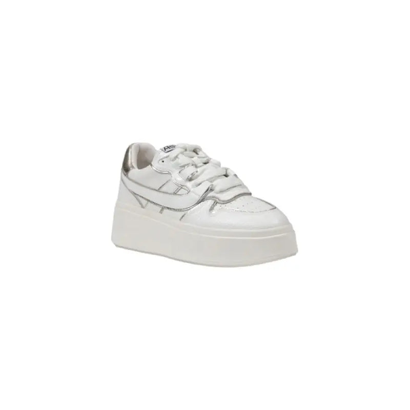 White platform sneaker with silver accents displayed in the product image