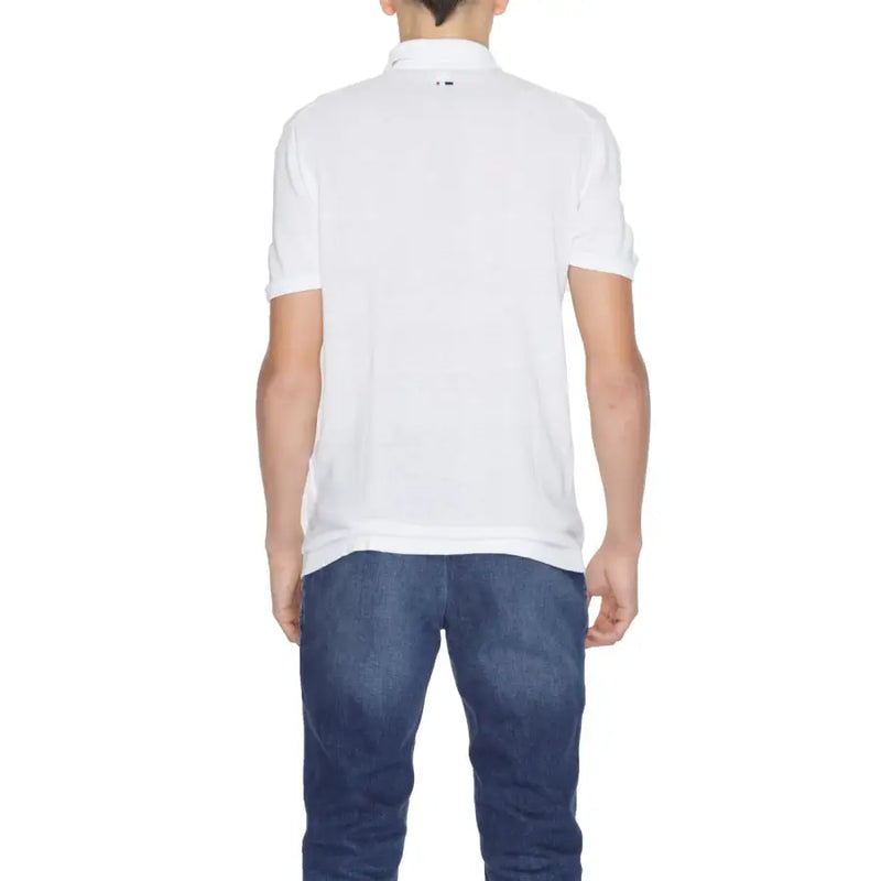 White polo shirt paired with blue jeans displayed in the product White Polo Shirt With Blue Jeans