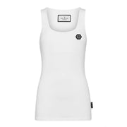 White ribbed Philipp Plein women’s undershirt with square neckline and small dark emblem