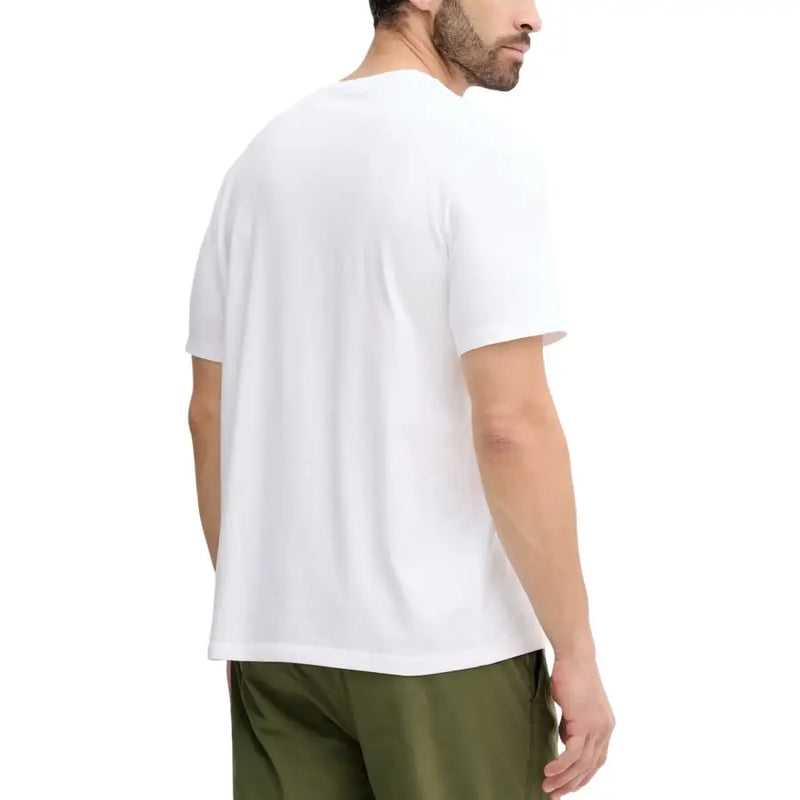 White short sleeve t shirt made of cotton with a simple crew neck and a gray pattern design