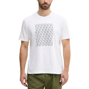 White short sleeve cotton t shirt with a repeating gray monogram pattern on the chest