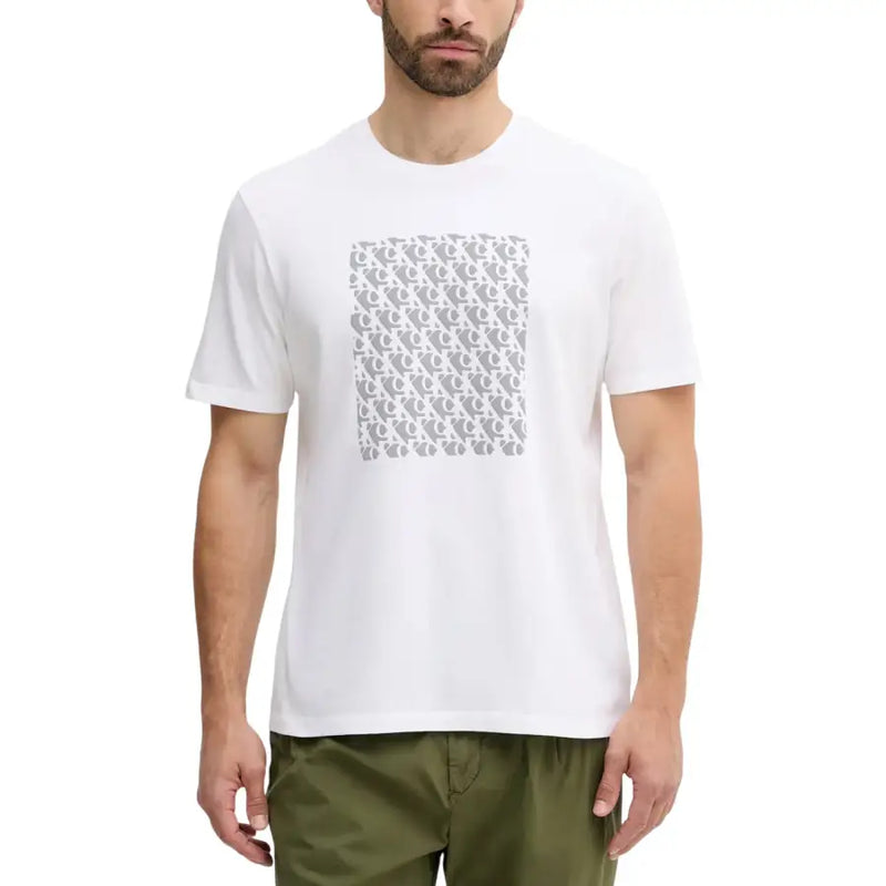 White short sleeve cotton t shirt with a repeating gray monogram pattern on the chest