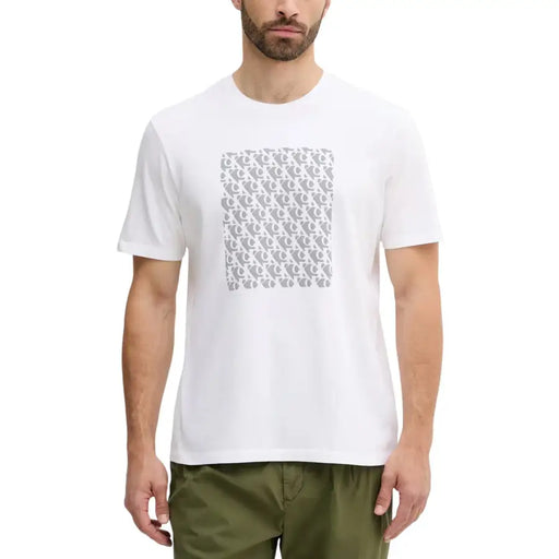 White short sleeve cotton t shirt with a repeating gray monogram pattern on the chest
