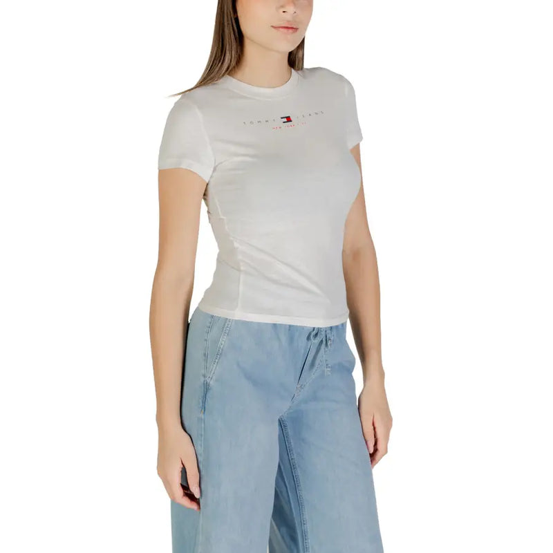 White fitted short-sleeve T-shirt with small logo on chest from Tommy Hilfiger Jeans Women