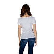 White short sleeved t shirt showing back side with subtle logo in soft breathable cotton fabric for casual wear