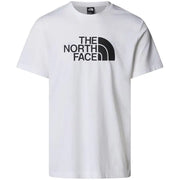 White short sleeved t shirt featuring The North Face black logo and half circle emblem on the front