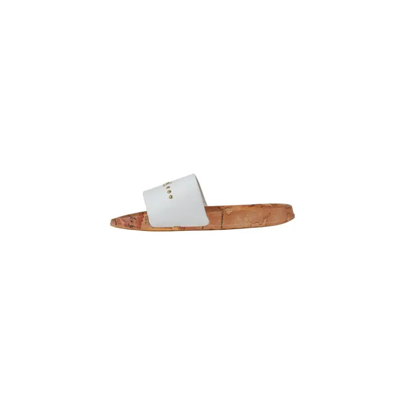 White slide sandal with cork sole made of leather featuring small gold studs on the strap for casual wear