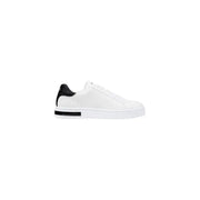 White leather sneaker featuring black heel accent for stylish footwear collection