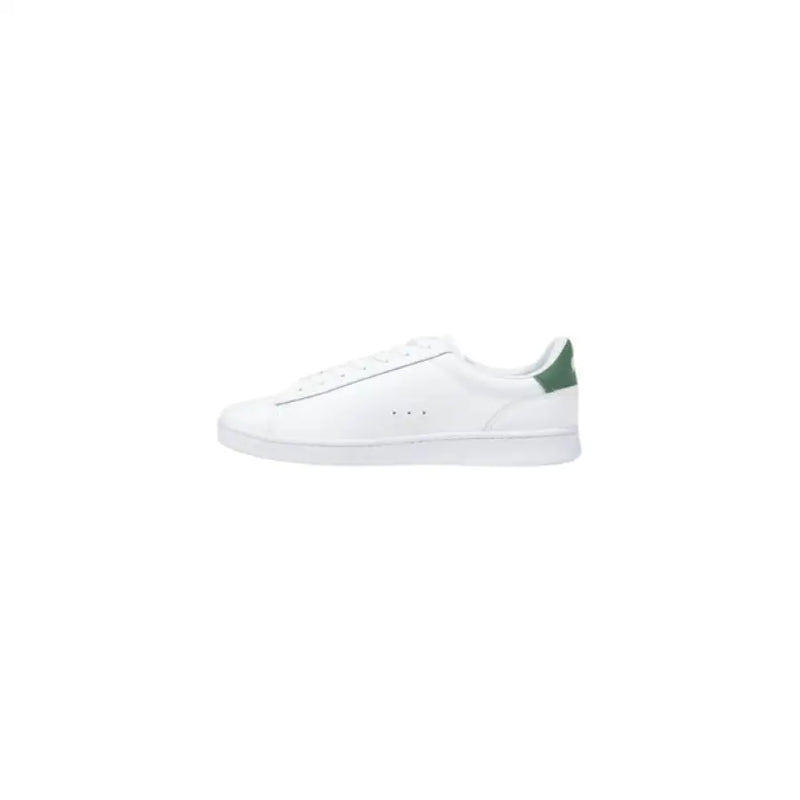 White Leather Lacoste Sneaker with Green Heel Accent shown in the product image