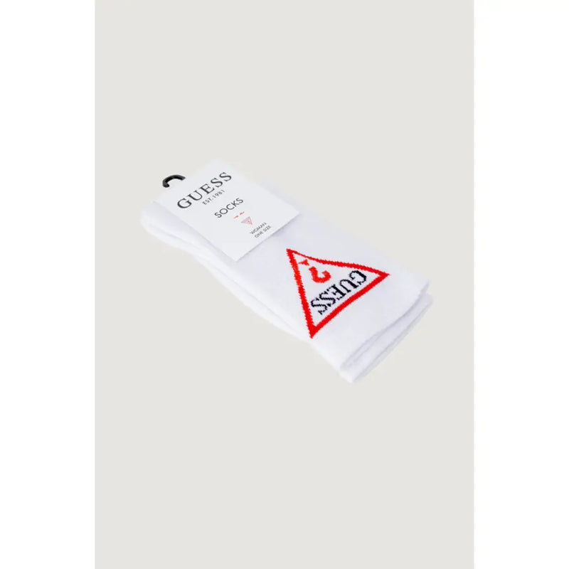 White sock with red triangular guess logo and black embroidered brand name in cotton material for casual wear