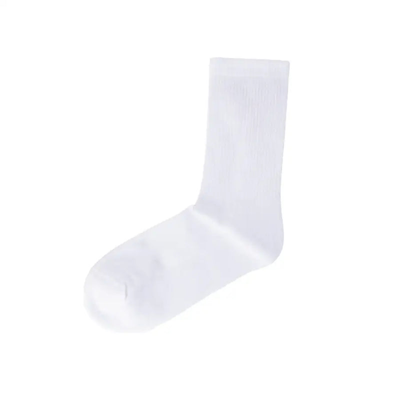 A plain white crew sock with a ribbed cuff and smooth knit texture featuring a red logo