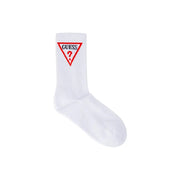 White guess sock in cotton featuring a red triangular logo with black brand name and question mark embroidery