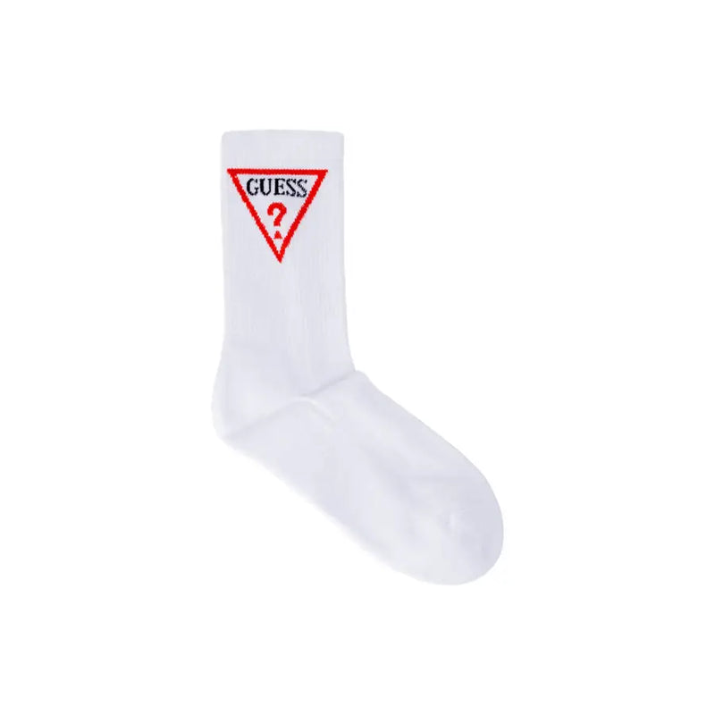 White guess sock in cotton featuring a red triangular logo with black brand name and question mark embroidery