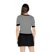 White striped short sleeve round neck knit top featuring black and white horizontal stripes with ribbed cuffs and neckline