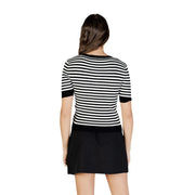 White striped short sleeve round neck knit top featuring black and white horizontal stripes with ribbed cuffs and neckline