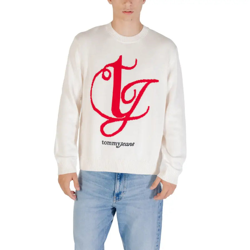 White sweater featuring a prominent red logo for stylish casual wear