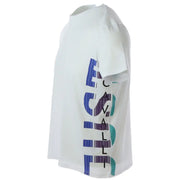 White short sleeve T shirt featuring a vibrant colorful side graphic design