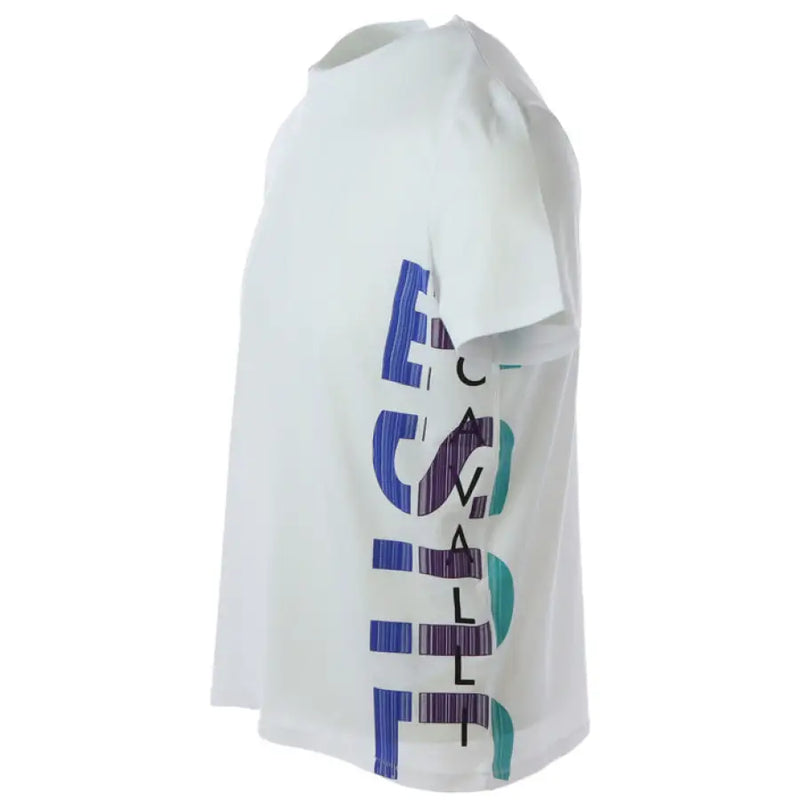 White short sleeve T shirt featuring a vibrant colorful side graphic design