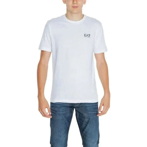 Men’s white t-shirt featuring EA7 logo on the chest, from the EA7 Men T-Shirt product line