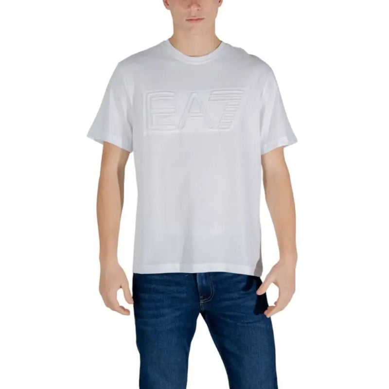 White Ea7 Men Cotton T-Shirt featuring an embossed logo design for stylish casual wear