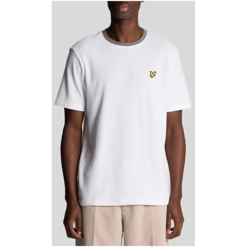 White short-sleeved t shirt with gray ribbed crew neck and small yellow embroidered bird logo on left chest