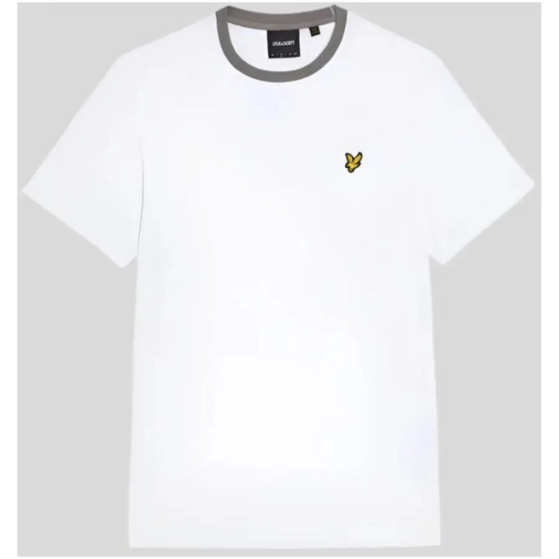 White t shirt with gray ribbed crew neck and small yellow lyle and scott bird logo on the left chest