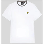 White t shirt with gray ribbed crew neck and small yellow lyle and scott bird logo on the left chest