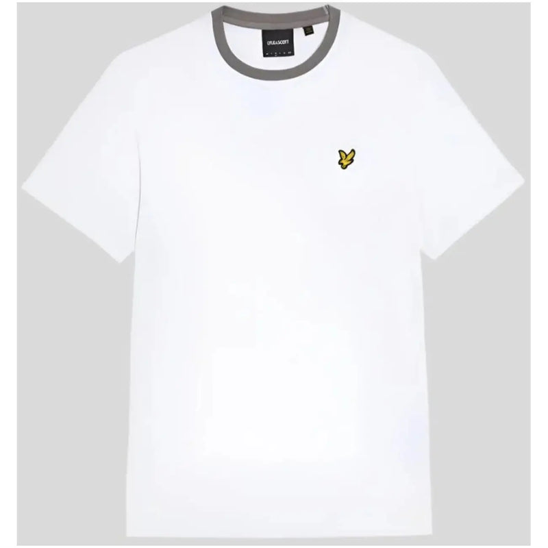 White t shirt with gray ribbed crew neck and small yellow lyle and scott bird logo on the left chest