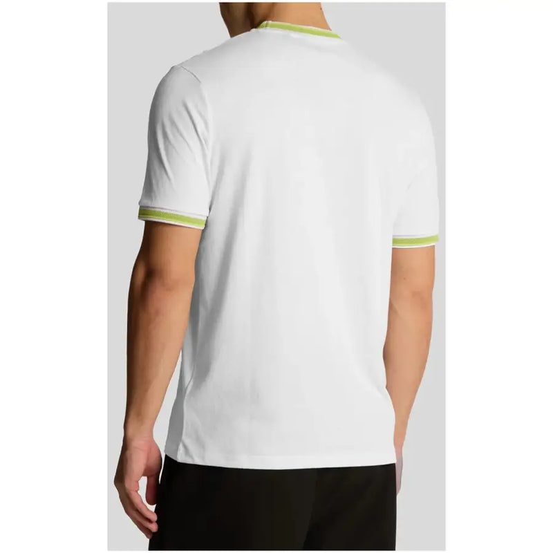 White short-sleeved t-shirt with lime green trim on collar and sleeve cuffs for casual wear