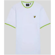 White lyle and scott t-shirt with lime green ringer trim and small yellow bird logo on the chest
