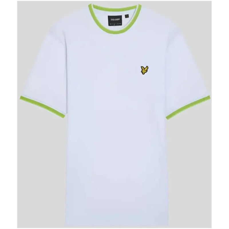 White lyle and scott t-shirt with lime green ringer trim and small yellow bird logo on the chest