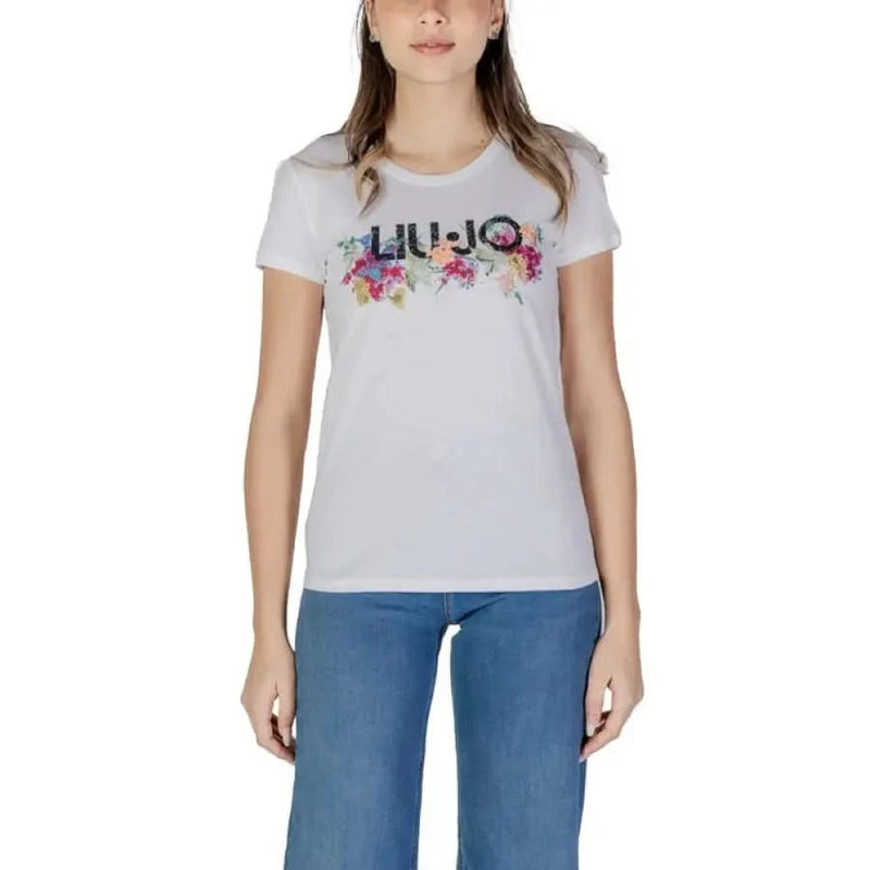 White Liu Jo t-shirt with logo and floral design, round neck cotton for women