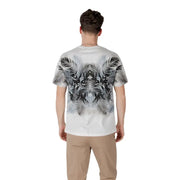 White short-sleeved t shirt with a bold black and gray palm leaf pattern on the back center radiating outward