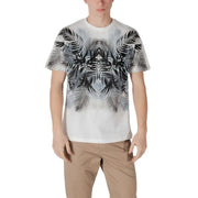 White short-sleeved t shirt with bold black and gray symmetrical palm leaf pattern fading toward the hem
