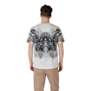 White short-sleeved t shirt with a bold black and gray palm leaf pattern on the back center radiating outward