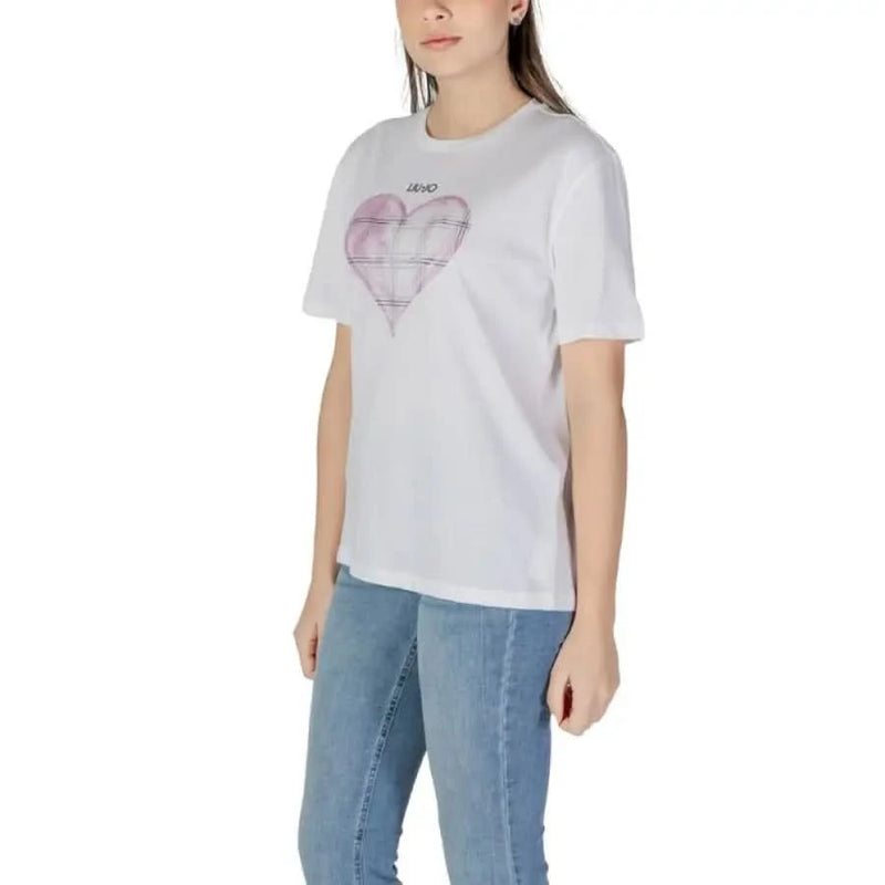 White Liu Jo Women’s Cotton T-shirt featuring a pink heart design on the front